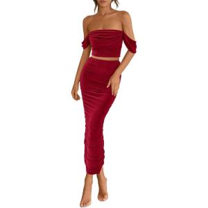 imagePRETTYGARDEN Women Sexy Two Piece Outfits Summer Off Shoulder Ruched Bodycon Mesh Cocktail Club Skirt Sets 2025Wine Red