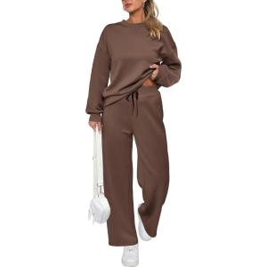 imagePRETTYGARDEN Womens 2 Piece Outfits 2025 Winter Long Sleeve Pullover Tops And Long Pants Lounge Sets TracksuitBrown