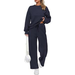 imagePRETTYGARDEN Womens 2 Piece Outfits 2025 Winter Long Sleeve Pullover Tops And Long Pants Lounge Sets TracksuitNavy