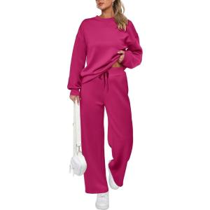 imagePRETTYGARDEN Womens 2 Piece Outfits 2025 Winter Long Sleeve Pullover Tops And Long Pants Lounge Sets TracksuitRose Red