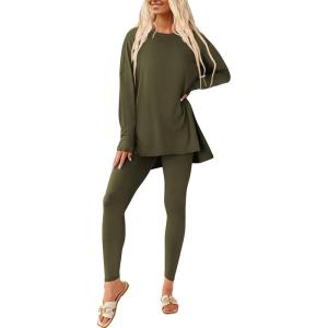 imagePRETTYGARDEN Womens 2 Piece Outfits Casual Long Sleeve Tunic Tops Legging Pants Matching Lounge Sets SweatsuitsArmy Green