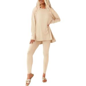 imagePRETTYGARDEN Womens 2 Piece Outfits Casual Long Sleeve Tunic Tops Legging Pants Matching Lounge Sets SweatsuitsBeige