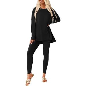 imagePRETTYGARDEN Womens 2 Piece Outfits Casual Long Sleeve Tunic Tops Legging Pants Matching Lounge Sets SweatsuitsBlack