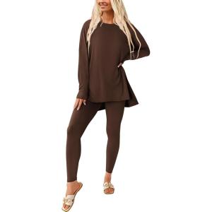 imagePRETTYGARDEN Womens 2 Piece Outfits Casual Long Sleeve Tunic Tops Legging Pants Matching Lounge Sets SweatsuitsCoffee