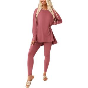 imagePRETTYGARDEN Womens 2 Piece Outfits Casual Long Sleeve Tunic Tops Legging Pants Matching Lounge Sets SweatsuitsDusty Pink