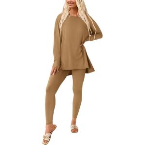 imagePRETTYGARDEN Womens 2 Piece Outfits Casual Long Sleeve Tunic Tops Legging Pants Matching Lounge Sets SweatsuitsKhaki