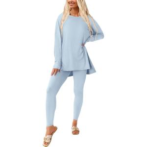 imagePRETTYGARDEN Womens 2 Piece Outfits Casual Long Sleeve Tunic Tops Legging Pants Matching Lounge Sets SweatsuitsLight Blue