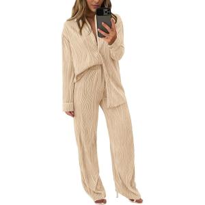 imagePRETTYGARDEN Womens 2 Piece Textured Sets Casual Button Down Shirt Wide Leg Pants Outfit Loungewear TracksuitApricot