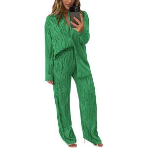 imagePRETTYGARDEN Womens 2 Piece Textured Sets Casual Button Down Shirt Wide Leg Pants Outfit Loungewear TracksuitGreen