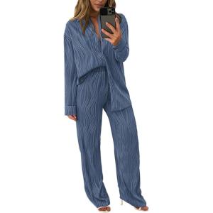 imagePRETTYGARDEN Womens 2 Piece Textured Sets Casual Button Down Shirt Wide Leg Pants Outfit Loungewear TracksuitGrey Blue