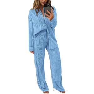 imagePRETTYGARDEN Womens 2 Piece Textured Sets Casual Button Down Shirt Wide Leg Pants Outfit Loungewear TracksuitLight Blue