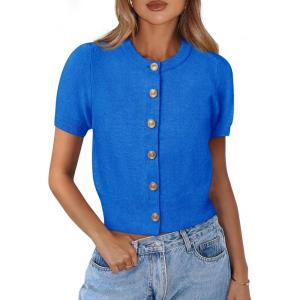 imagePRETTYGARDEN Womens Casual Summer Short Sleeve Cardigans 2025 Button Down Knitted Sweater Basic Crew Neck Crop TopsBlue