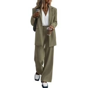 imagePRETTYGARDEN Womens Fall Two Piece Outfits Dressy Blazer Jacket and Wide Leg Pants Pockets Business Casual Office Suit SetsArmy Green