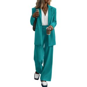 imagePRETTYGARDEN Womens Fall Two Piece Outfits Dressy Blazer Jacket and Wide Leg Pants Pockets Business Casual Office Suit SetsBlue Green