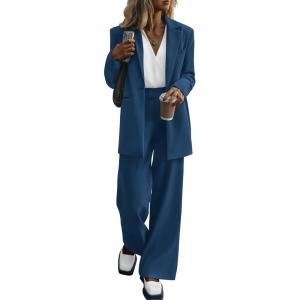 imagePRETTYGARDEN Womens Fall Two Piece Outfits Dressy Blazer Jacket and Wide Leg Pants Pockets Business Casual Office Suit SetsDark Blue