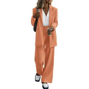 imagePRETTYGARDEN Womens Fall Two Piece Outfits Dressy Blazer Jacket and Wide Leg Pants Pockets Business Casual Office Suit SetsOrange