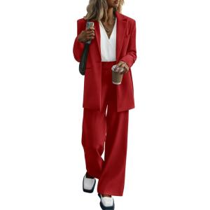 imagePRETTYGARDEN Womens Fall Two Piece Outfits Dressy Blazer Jacket and Wide Leg Pants Pockets Business Casual Office Suit SetsRed