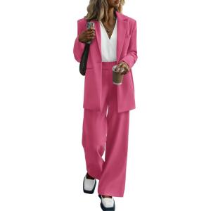 imagePRETTYGARDEN Womens Fall Two Piece Outfits Dressy Blazer Jacket and Wide Leg Pants Pockets Business Casual Office Suit SetsRose Red