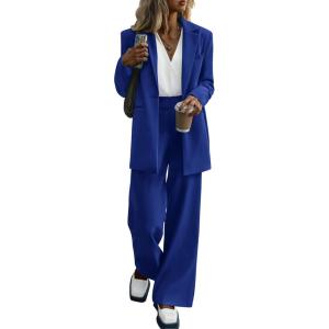 imagePRETTYGARDEN Womens Fall Two Piece Outfits Dressy Blazer Jacket and Wide Leg Pants Pockets Business Casual Office Suit SetsRoyal Blue