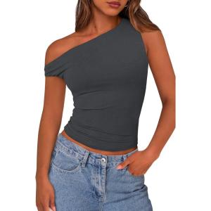 imagePRETTYGARDEN Womens Off The Shoulder Crop Tank Tops 2025 Summer Trendy Casual Sleeveless Ruched Fitted Going Out ShirtsDark Grey