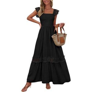 imagePRETTYGARDEN Womens Smocked Summer Maxi Dresses 2025 Ruffle Cap Sleeve Square Neck Lace Detail Flowy Sundress with PocketsBlack