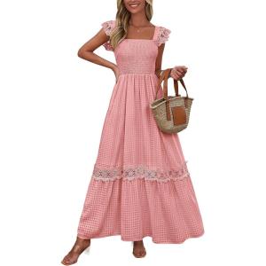 imagePRETTYGARDEN Womens Smocked Summer Maxi Dresses 2025 Ruffle Cap Sleeve Square Neck Lace Detail Flowy Sundress with PocketsPink