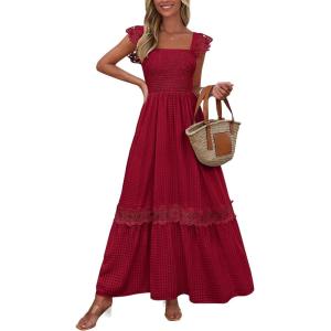 imagePRETTYGARDEN Womens Smocked Summer Maxi Dresses 2025 Ruffle Cap Sleeve Square Neck Lace Detail Flowy Sundress with PocketsRed