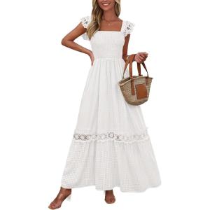 imagePRETTYGARDEN Womens Smocked Summer Maxi Dresses 2025 Ruffle Cap Sleeve Square Neck Lace Detail Flowy Sundress with PocketsWhite