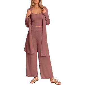 imagePRETTYGARDEN Womens Spring 3 Piece Pajamas Lounge Sets Fall Ribbed Knit Long Cardigan Cropped Tank Tops Wide Leg PantsDusty Pink