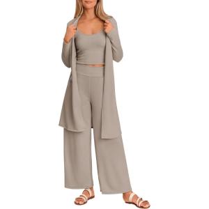 imagePRETTYGARDEN Womens Spring 3 Piece Pajamas Lounge Sets Fall Ribbed Knit Long Cardigan Cropped Tank Tops Wide Leg PantsKhaki