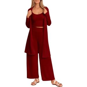 imagePRETTYGARDEN Womens Spring 3 Piece Pajamas Lounge Sets Fall Ribbed Knit Long Cardigan Cropped Tank Tops Wide Leg PantsWine Red