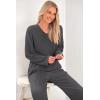 imagePRETTYGARDEN Womens 2 Piece Lounge Sets Ribbed Knit Long Sleeve V Neck Pullover Tops Wide Leg Pants Spring Fall OutfitsDark Grey