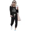 imagePRETTYGARDEN Womens Spring Fall 2 Piece Lounge Outfit Long Sleeve Crewneck Pullover Tops High Waisted Pants Set TracksuitPatternedblack