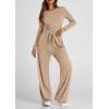 imagePRETTYGARDEN Womens Spring Fall Two Piece Outfits Tracksuits Long Sleeve Crop Tee Shirts Wide Leg Pants Matching Lounge SetsKhaki