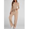 imagePRETTYGARDEN Womens Spring Fall Two Piece Outfits Tracksuits Long Sleeve Crop Tee Shirts Wide Leg Pants Matching Lounge SetsKhaki