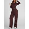 imagePRETTYGARDEN Womens Spring Fall Two Piece Outfits Tracksuits Long Sleeve Crop Tee Shirts Wide Leg Pants Matching Lounge SetsRed Brown