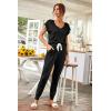 imagePRETTYGARDEN Womens Two Piece Tracksuit Casual Summer V Neck Short Sleeve Tops Drawstring Jogger Pants Lounge Outfit SetsBlack