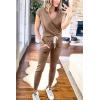 imagePRETTYGARDEN Womens Two Piece Tracksuit Casual Summer V Neck Short Sleeve Tops Drawstring Jogger Pants Lounge Outfit SetsKhaki