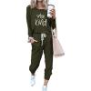 imagePRETTYGARDEN Womens Spring Fall 2 Piece Lounge Outfit Long Sleeve Crewneck Pullover Tops High Waisted Pants Set TracksuitPatternedarmy Green