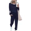 imagePRETTYGARDEN Womens Spring Fall 2 Piece Lounge Outfit Long Sleeve Crewneck Pullover Tops High Waisted Pants Set TracksuitStriped Navy