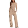 imagePRETTYGARDEN Womens Spring Fall Two Piece Outfits Tracksuits Long Sleeve Crop Tee Shirts Wide Leg Pants Matching Lounge SetsKhaki