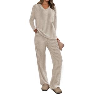 imagePRETTYGARDEN Womens 2 Piece Lounge Sets Ribbed Knit Long Sleeve V Neck Pullover Tops Wide Leg Pants Spring Fall OutfitsApricot