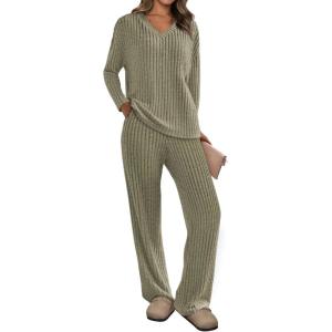 imagePRETTYGARDEN Womens 2 Piece Lounge Sets Ribbed Knit Long Sleeve V Neck Pullover Tops Wide Leg Pants Spring Fall OutfitsArmy Green