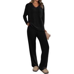 imagePRETTYGARDEN Womens 2 Piece Lounge Sets Ribbed Knit Long Sleeve V Neck Pullover Tops Wide Leg Pants Spring Fall OutfitsBlack