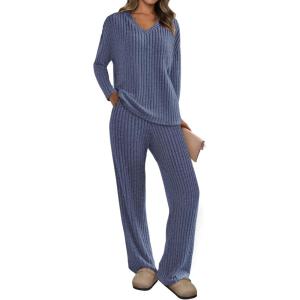 imagePRETTYGARDEN Womens 2 Piece Lounge Sets Ribbed Knit Long Sleeve V Neck Pullover Tops Wide Leg Pants Spring Fall OutfitsDark Blue