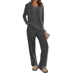 imagePRETTYGARDEN Womens 2 Piece Lounge Sets Ribbed Knit Long Sleeve V Neck Pullover Tops Wide Leg Pants Spring Fall OutfitsDark Grey