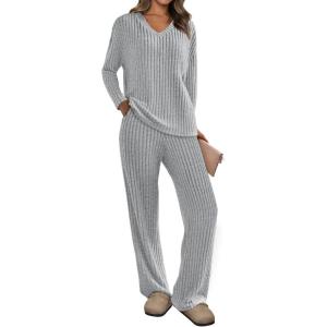 imagePRETTYGARDEN Womens 2 Piece Lounge Sets Ribbed Knit Long Sleeve V Neck Pullover Tops Wide Leg Pants Spring Fall OutfitsGrey