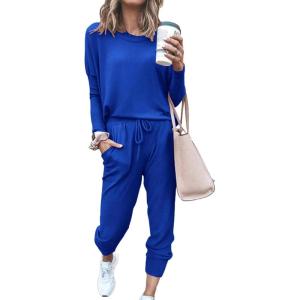 imagePRETTYGARDEN Womens Spring Fall 2 Piece Lounge Outfit Long Sleeve Crewneck Pullover Tops High Waisted Pants Set TracksuitBlue