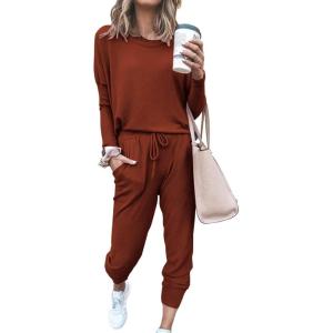 imagePRETTYGARDEN Womens Spring Fall 2 Piece Lounge Outfit Long Sleeve Crewneck Pullover Tops High Waisted Pants Set TracksuitBrick Red