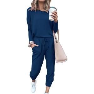 imagePRETTYGARDEN Womens Spring Fall 2 Piece Lounge Outfit Long Sleeve Crewneck Pullover Tops High Waisted Pants Set TracksuitDark Blue